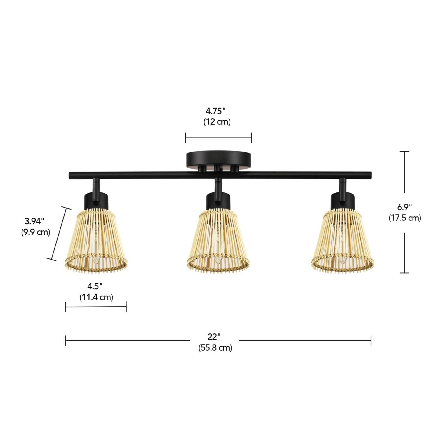 3-Light Matte Black Track Lighting with Bamboo Shades