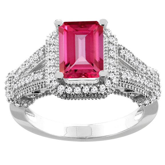 10K White Gold Natural Pink Topaz Ring Octagon 8x6mm Diamond Accent, size 6.5