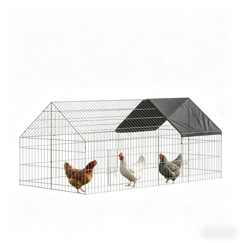 Outdoor Large Metal Chicken Coop Run, Poultry Rabbit Cage with Oxford Shade Canopy, Sturdy Powder Coated Steel Pet House for Chickens Ducks Rabbits Kittens Backyard Farm Use