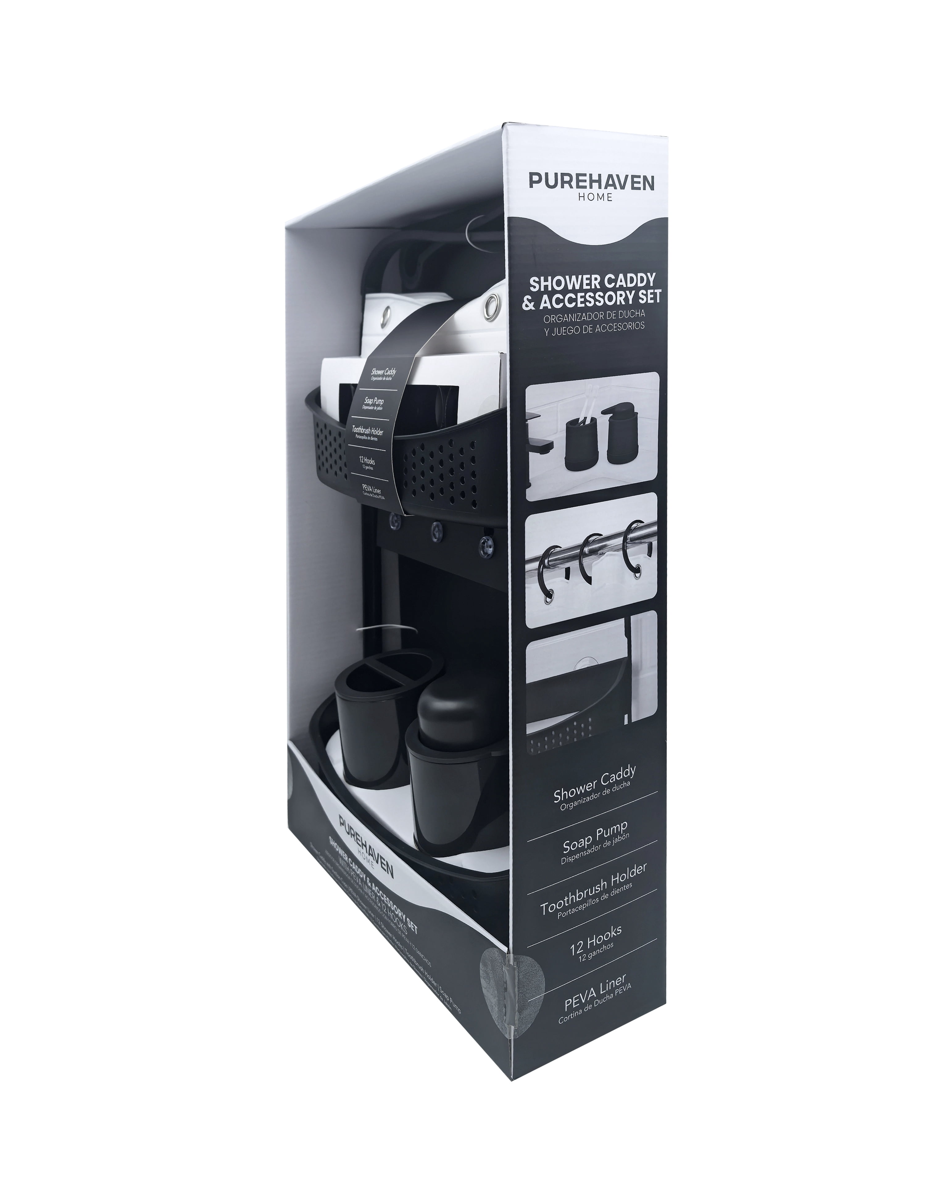 Purehaven Home Shower Caddy and Bath Accessory Set for College Dorms and Apartments, Black