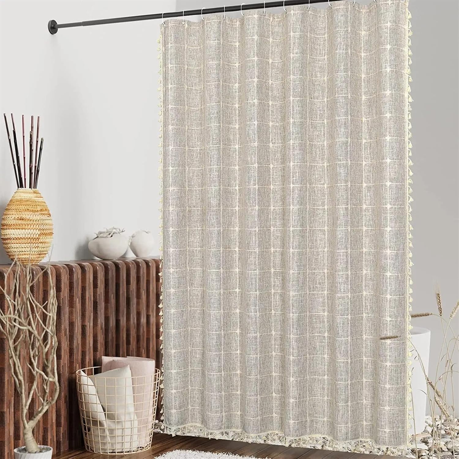 Zrodlmo Boho Farmhouse Shower Curtain with Hooks Rustic Cottagecore Fabric Bathroom Curtain with Tassels, 72" x 72", Beige