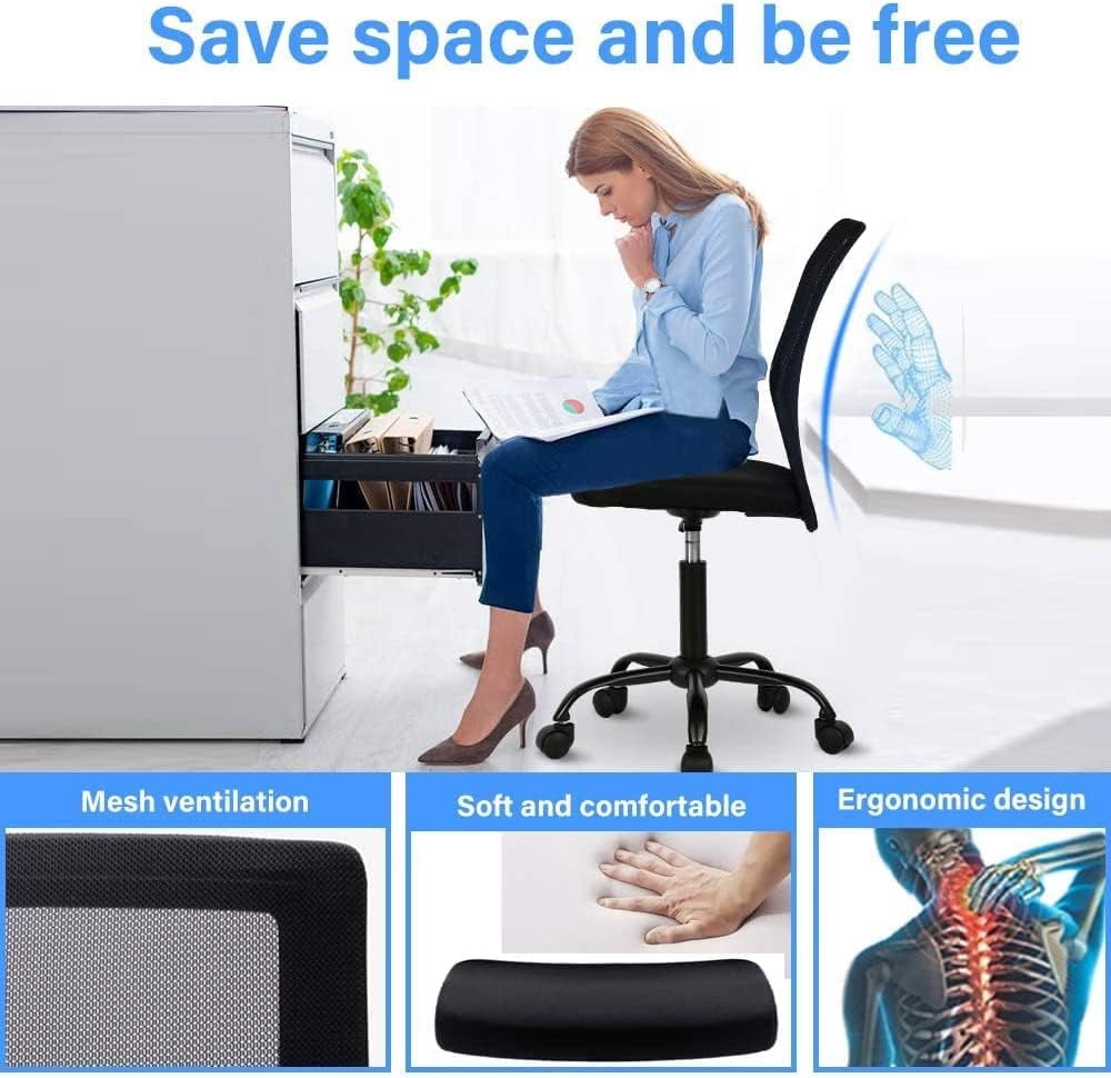 Home Office Chair Mesh Desk Chair Armless Computer Chair Ergonomic Adjustable Modern Chair with Lumbar Support, Black