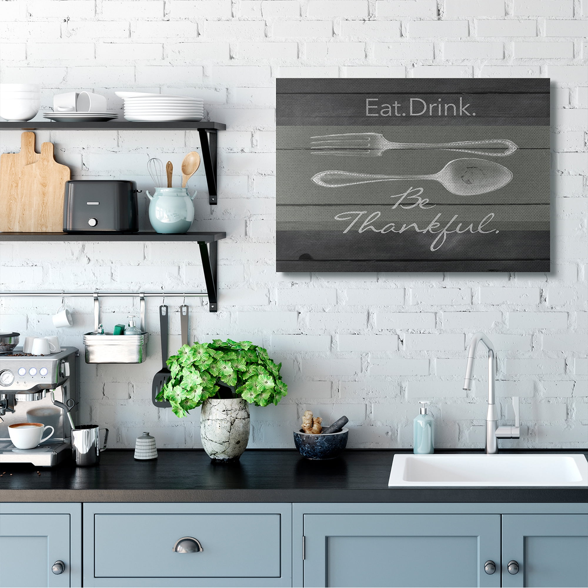 Stupell Home Décor Eat Drink Be Thankful Silverware Kitchen Wood Texture Word Design Canvas Wall Art by the Saturday Evening Post