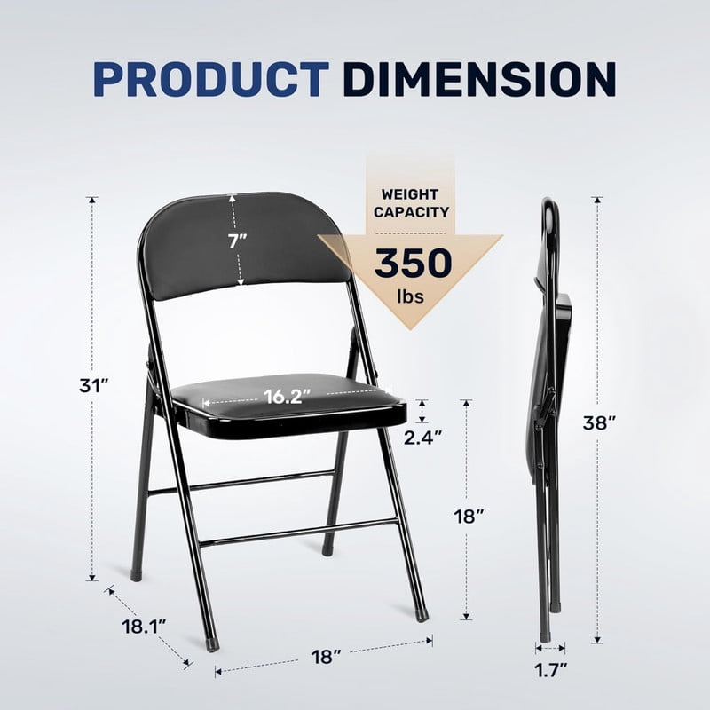 Kelno 2 Pack Folding Chair Leather Padded Seat Portable Chair, Black