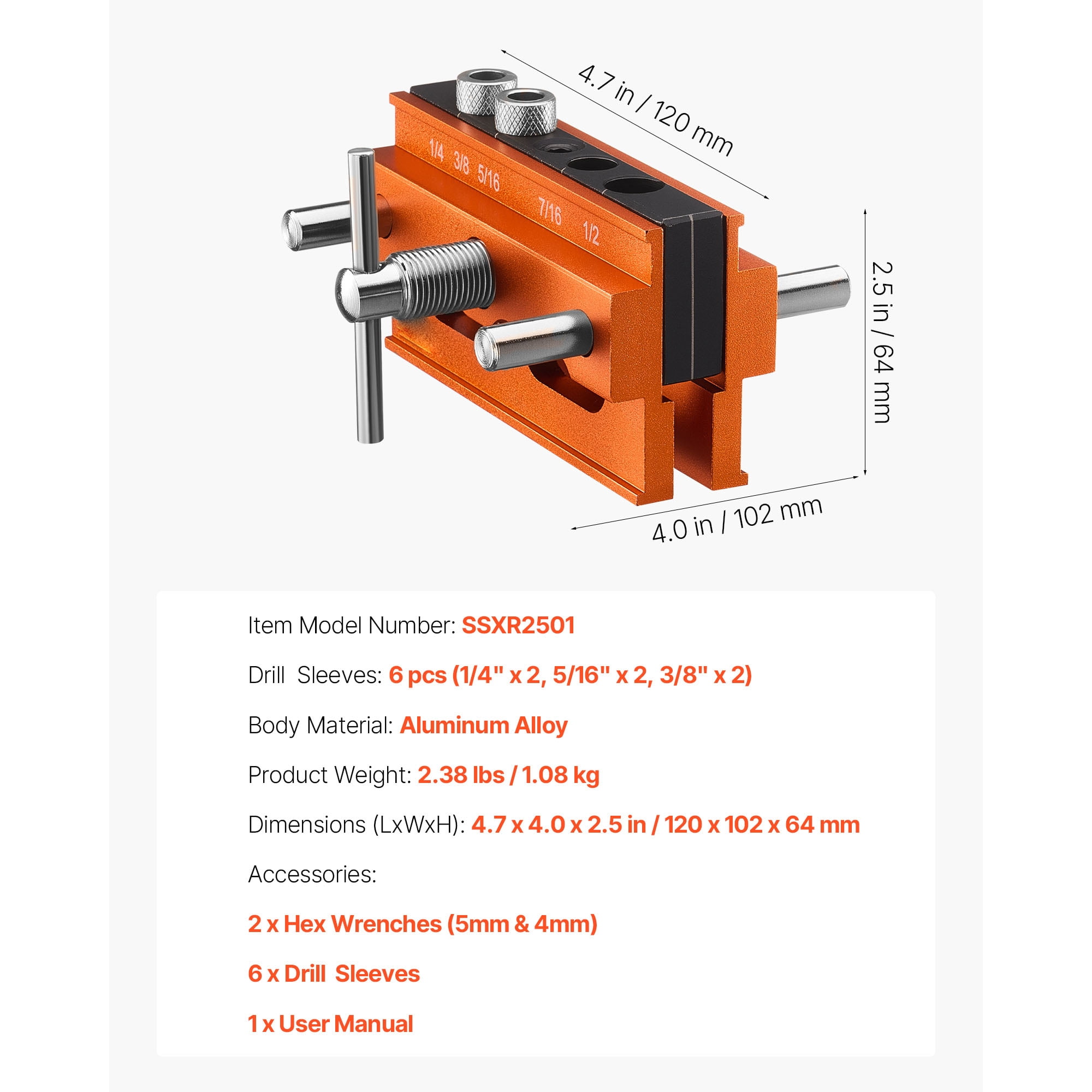 KFFKFF Doweling Jig Kit, Self-Centering Dowel Drill Jig for Precise Holes, Aluminum Alloy Woodworking Tool with 6 Drill Guide Bushings, Adjustable Width, Ideal for Woodworking, Drilling, and Marking