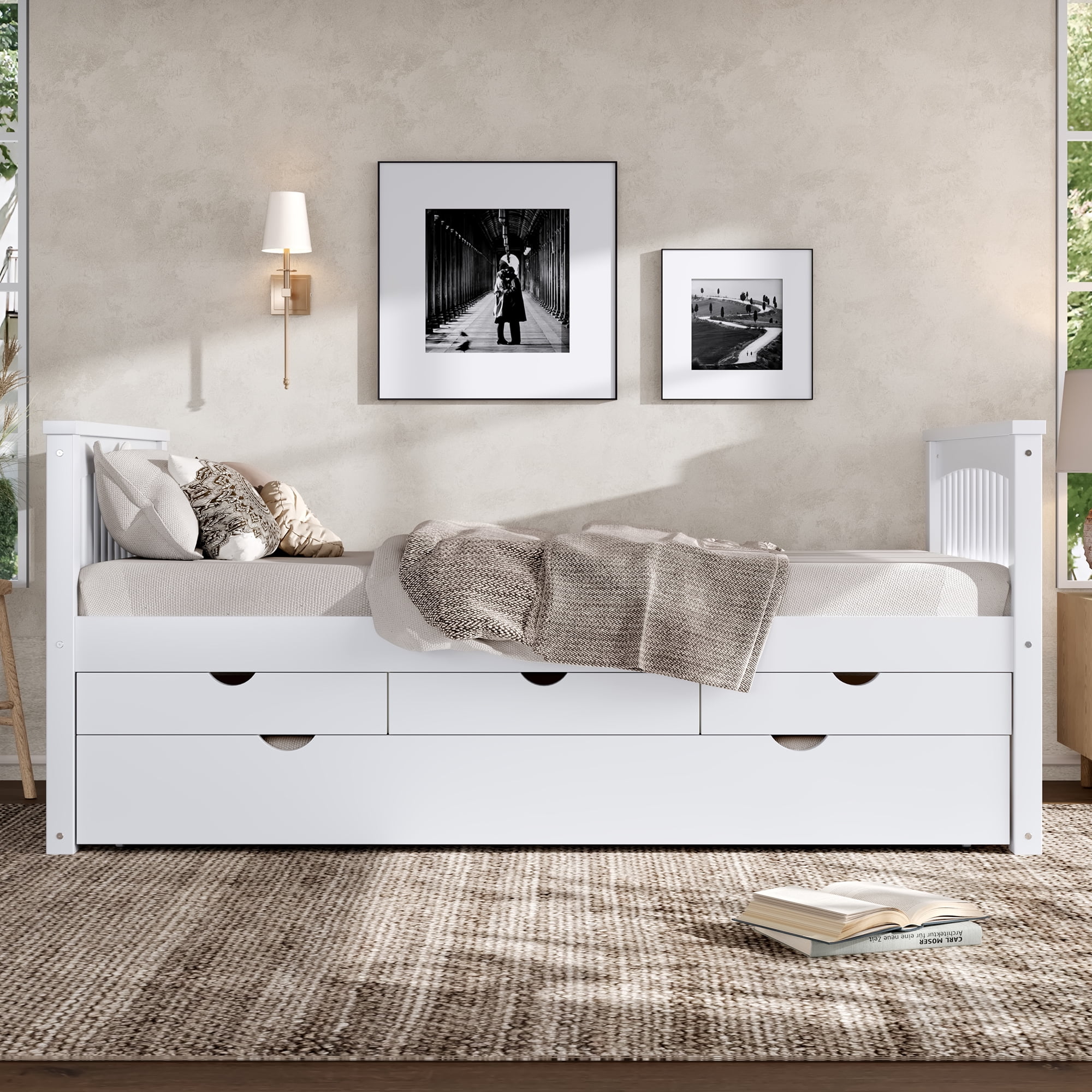 Mintazer Modern Twin Platform Bed with 3 Drawers & Trundle, Kids Wood Storage Bed for Bedrooms Guest Rooms, White