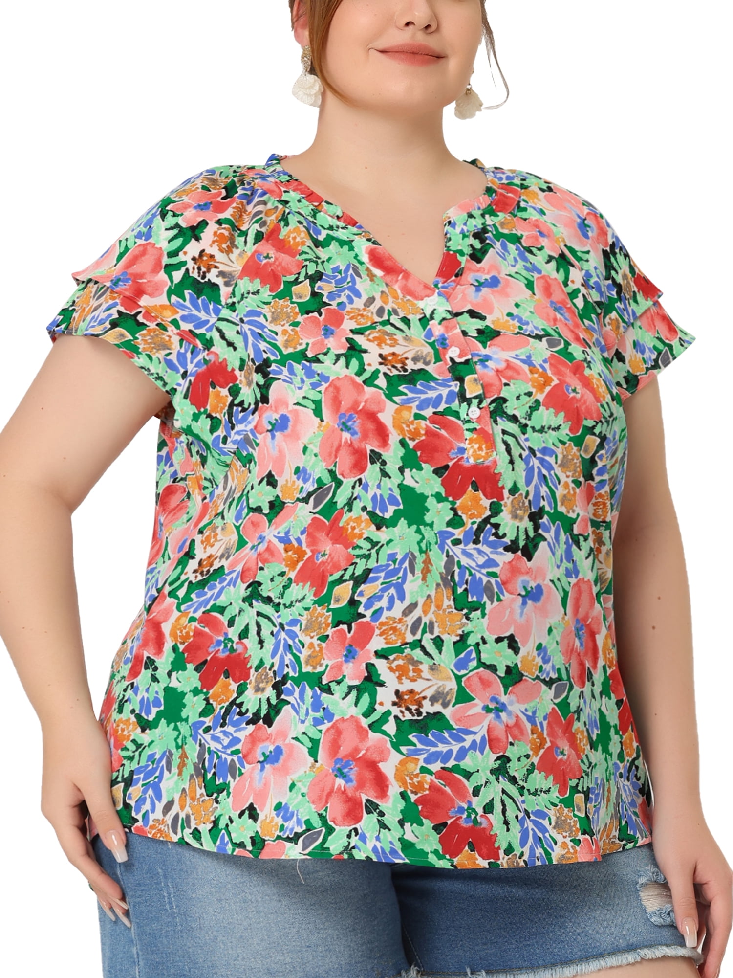 Unique Bargains Women's Plus Size Layered Sleeve V Neck Floral Tops Tunics 3X Green