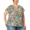 thumbnail image 2 of Unique Bargains Women's Plus Size Floral Ruffle Trim V Neck Layered Sleeve Top, 2 of 6