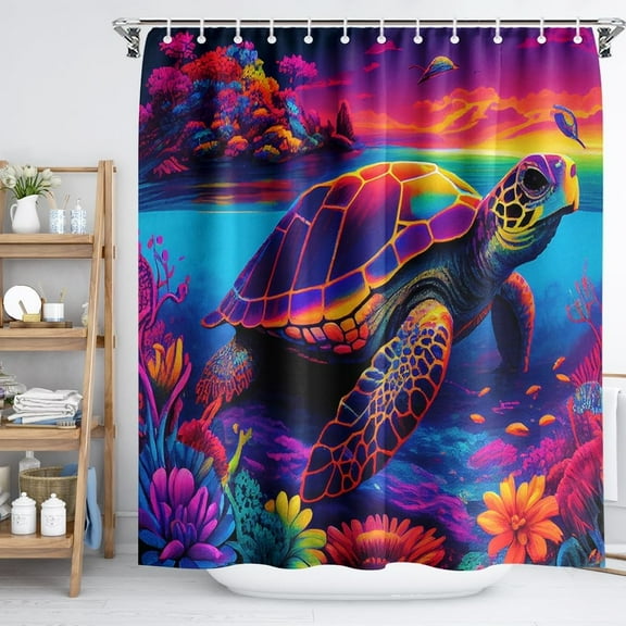Nautical Rainbow Sea Turtles Beach Theme Fabric Shower Curtain Sets Bathroom Blue Ocean Shower Curtain Decor Beach Shower Curtain Bathroom Decor with Grommets and Hooks - 72 "x 72"
