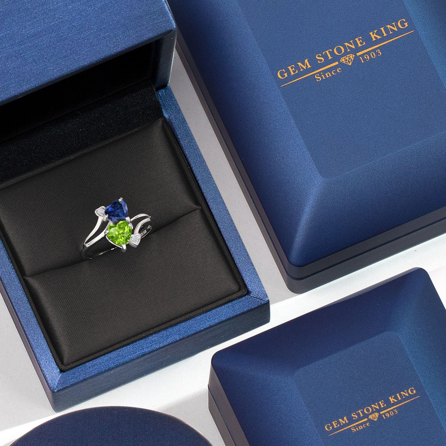 Gem Stone King 1.66 Cttw Blue Created Sapphire and Green Peridot Ring for Women | Heart Shape 6MM | Gemstone Birthstone | Wedding Engagement Anniversary Promise Ring for Women| Size 6