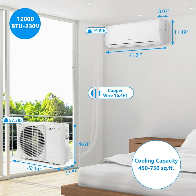 ROVSUN 12,000 BTU Mini Split AC/Heating System with Inverter, 19SEER 230V  Energy Saving Ductless Split-System Air Conditioner with Pre-Charged  Condenser, Heat Pump, Remote Control u0026 Installation Kit - Walmart.com