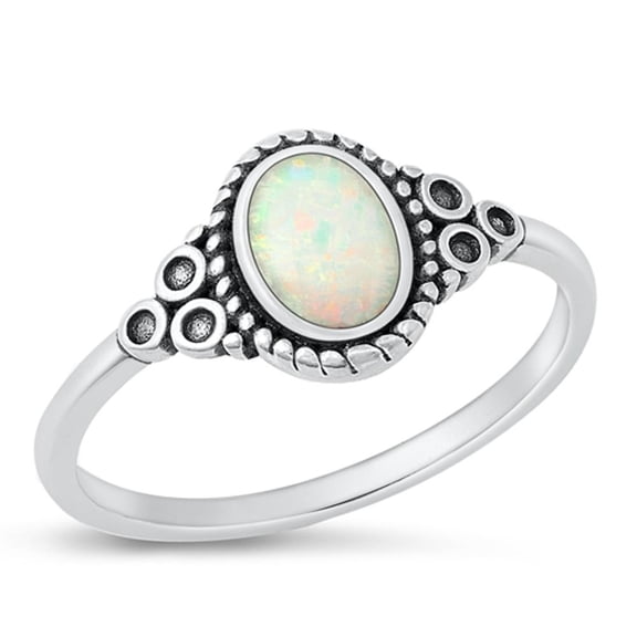 CHOOSE YOUR COLOR White Simulated Opal Ring .925 Sterling Silver Oval Bali Band CZ Female Size 10