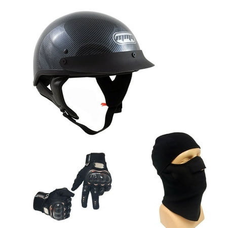 Combo Motorcycle Half Helmet Cruiser DOT Street Legal (Large, Carbon Fiber) with Balaclava and Riding Black (Best Carbon Fiber Half Helmet)