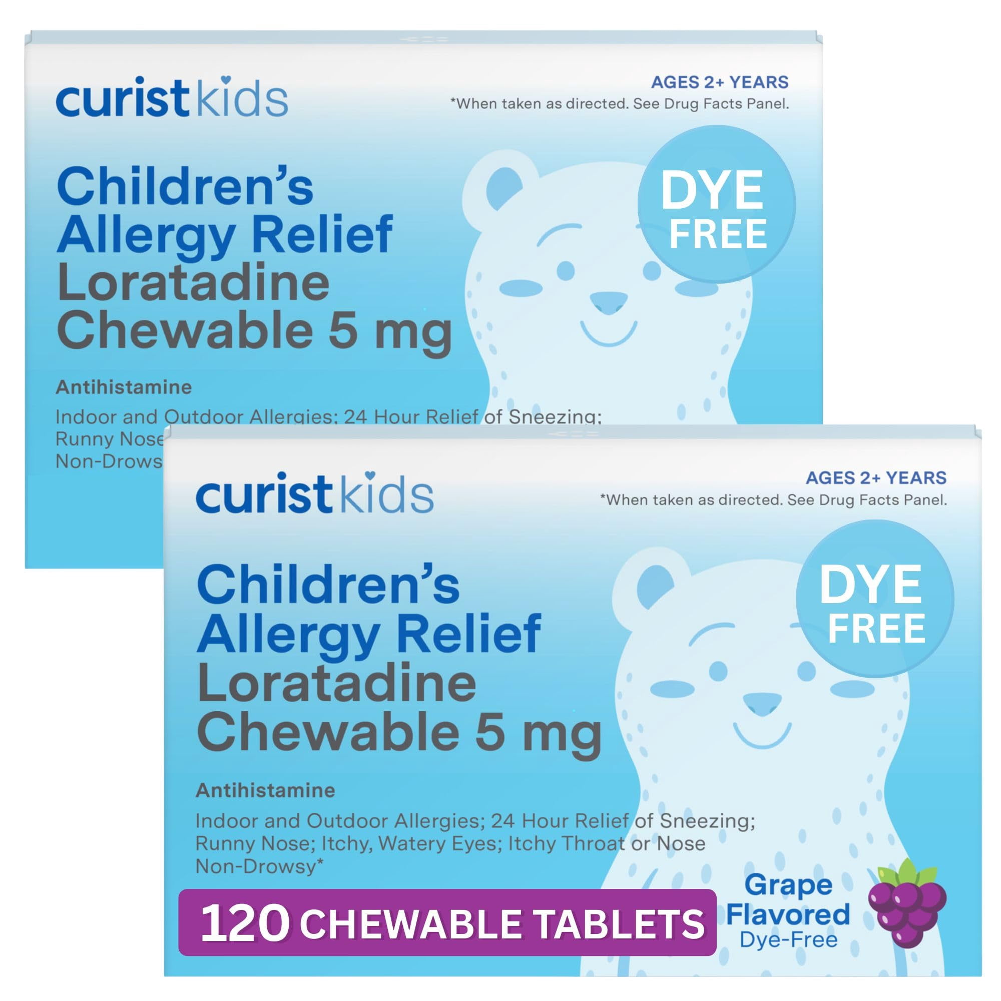 Curist Children's Allergy Medicine Chewable (Loratadine 5mg), 24 Hour Allergy Relief for Sneezing, Runny Nose, Itchy Eyes & Throat, Kids Allergy Chewable Tablets, 120 Count Grape Flavor, Pack of 2