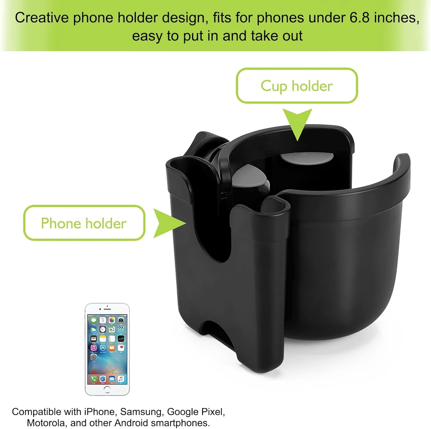 Stroller Cup Holder with Phone Holder, Bike Cup Holder, Universal Cup Holder for Uppababy Nuna Doona Strollers, 2-in-1 Cup Phone Holder for Walker Wheelchair Scooter Accessory All Black & All Black
