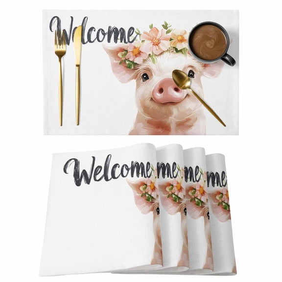 Cute Pig Placemats Set of 1, Welcome Non-Slip Place Mats Washable Table Mats for Kitchen Dining Table Decorations Indoor/Outdoor