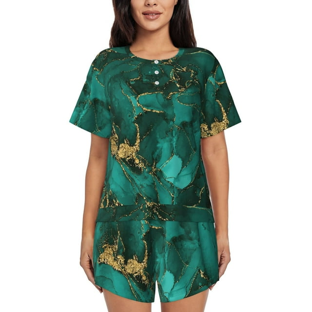Balery Green Gold Glitter Conjunto de Pijama para Mujer con Estampado, Dos Piezas de Manga Corta y Shorts, Ropa de Dormir Suave con Cuello Redondo y Bolsillos-Small