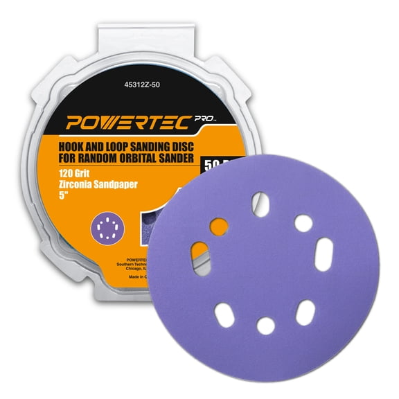 POWERTEC PRO 50PK, 5 Inch Sanding Discs Hook and Loop, 120 Grit, Zirconia Orbital Sander Sandpaper for 5 & 8 Hole Random Orbital Sanders - Automotive, Paint, Metal, Woodworking (45312Z-50)