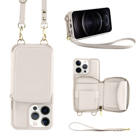 iPhone 12 Pro Crossbody Wallet Case, Zipper Card Phone Case with Wrist Strap, Handbag Purse Flip Cover with RFID Blocking Gift for Women Men Compatible with iPhone 12 Pro 6.1 inch, White
