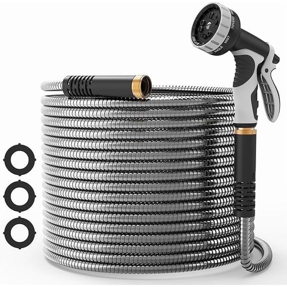 NEYCIL 100ft Stainless Steel Garden Hose, Heavy-Duty Water Hose with 10 Function Nozzle, Puncture Proof, No-Tangle, No-Kink, Yards, Car Washing & Outdoor Cleaning