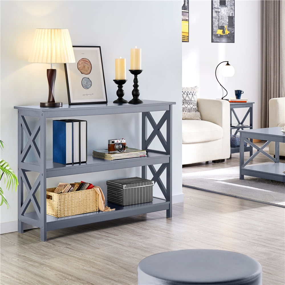 Topeakmart X Design 3 Shelves Wooden Console Table Sofa Side Table for Entryway Living Room, Gray