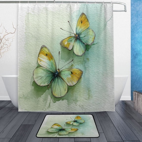 TTYFWHD 60" x 72" Shower Curtain and Bath Mat Set Soft Green Wing Pairs Waterproof Bathroom Curtain with 12 Hooks, Bathroom Decor Set