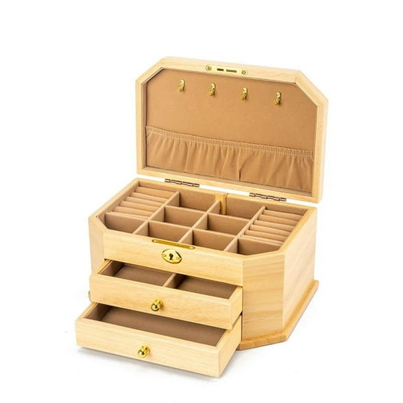 Hexagonal Solid Wood Jewelry Box Storage With Lock Eye Earrings Necklace Large Capacity Simple Retro