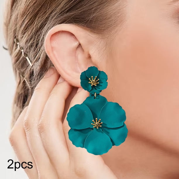Pendientes colgantes de flores, pendientes de pétalos florales, pendientes colgantes para vacaciones, mujeres, niñas, joyería del día de San Valentín, Verde