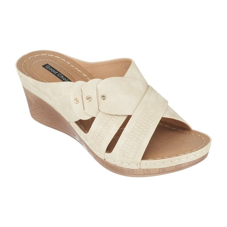 

GC Shoes Womens Open Toe Memory Foam Wedge Sandals Summer Platform Heels Low Heeled Crossover Strap Slides Dorty/Ice/8