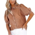 thumbnail image 2 of Xdegoge Button Down Shirt for Women Collared V Neck Puff Short Sleeve Western Casual Regular Fit Single Pocket Solid Texture Soft Durable Summer Spring Tops Work office Wear, 2 of 6