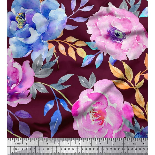 Soimoi Red Silk Fabric Leaves & Floral Print Fabric by Yard 42 Inch Wide