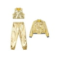 thumbnail image 3 of dPois 3Pcs Girls Metallic Hip Hop Dance Outfits Shiny Crop Top with Bomber Jacket and Pants Set Gold 16, 3 of 6