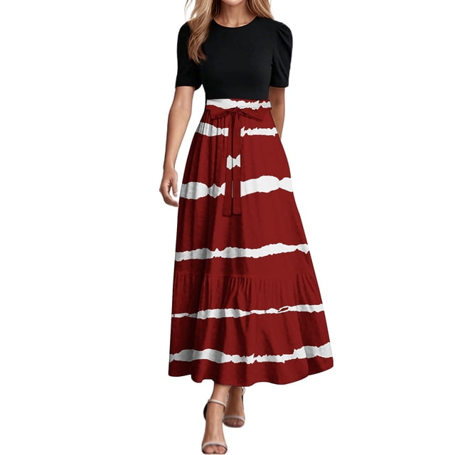 Summer Dresses For Women 2025 Floral Print Wrap Short Sleeve Maxi Dress Patchwork Ruffle Hem A Line Dress