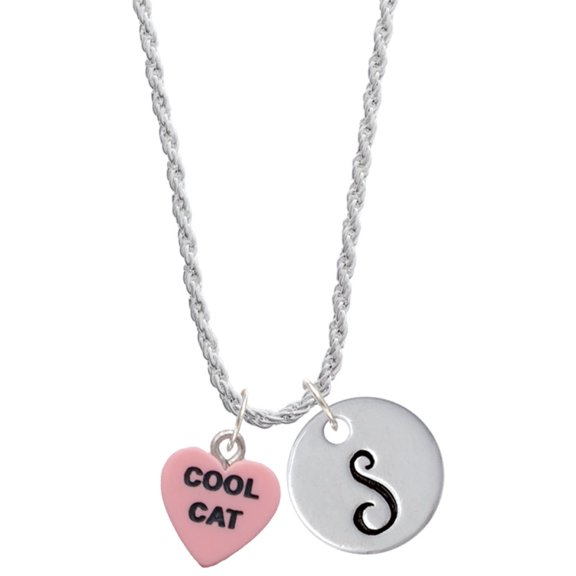 Delight Jewelry Acrylic Pink "Cool Cat / Purr Fect" Heart Silvertone Script Initial Disc - S - Charm Necklace, 20"+3"
