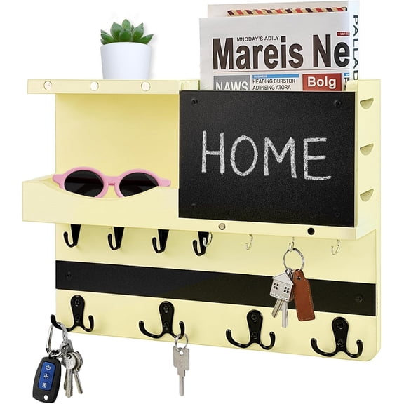 Key Holder for Wall Mount with Shelf and Mail Organizer, Key and Mail Holder with 16 Hooks, Farmhouse Entryway Organizer, Home Decor Rack(Pine Wood,Ivory Yellow)