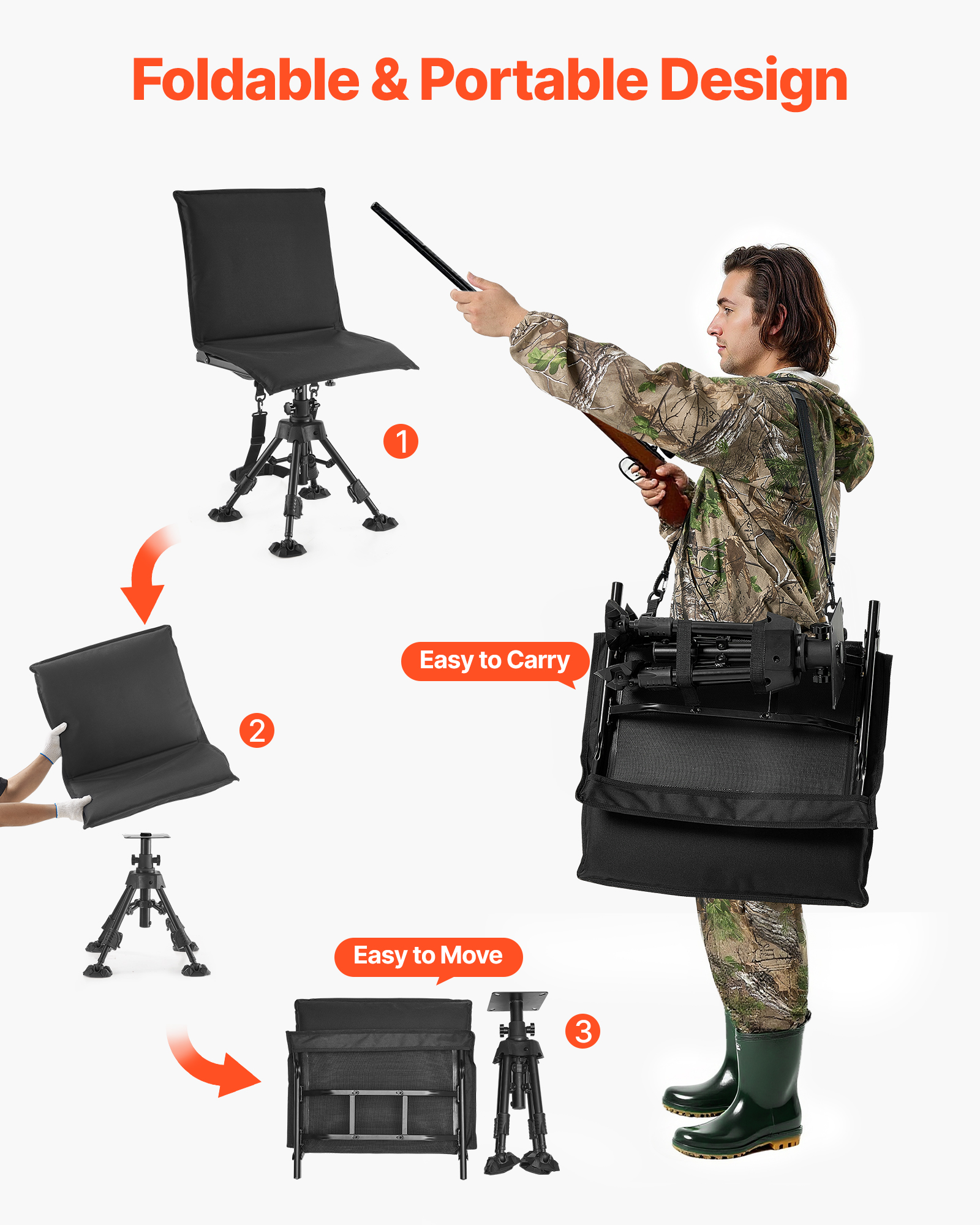 VEVOR Hunting Chair, 360° Silent Swivel, Foldable Portable Blind Chair, Heavy-Duty Steel Frame Ground Stool Seat,with Seat Cover, Anti-Sink Feet, Height Adjustable, 350 Lbs Capacity, for Fishing