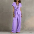 thumbnail image 5 of Hxshgdsn Dress Casual Sets for Womens Wrap Tie Waist Short Sleeve Top Wide Leg Long Pants 2 Piece Vacation Daily（Purple/3XL）, 5 of 7