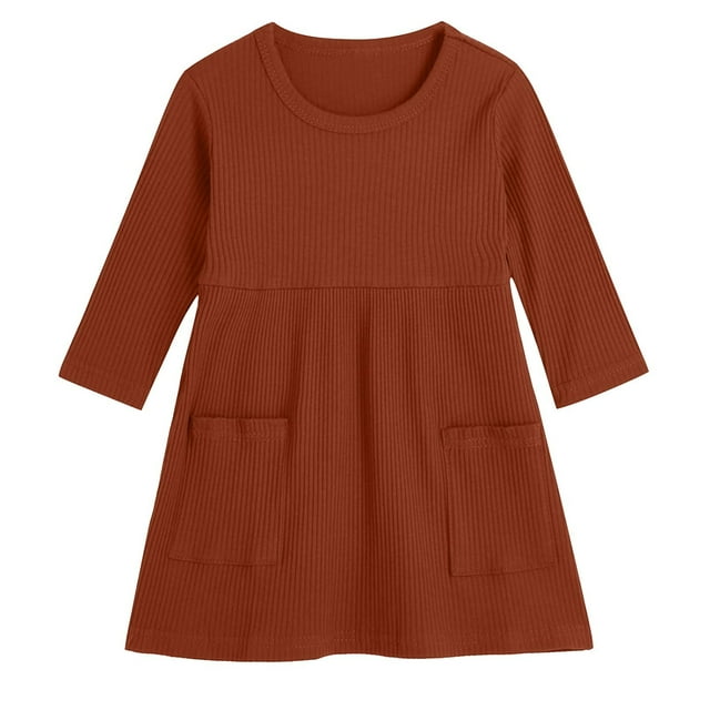 Odeerbi Niñas Vestido de Manga Larga de Punto Elástico Primavera Otoño Vestido de Algodón Con Bolsillo Color Sólido Vestido de Cuello Redondo