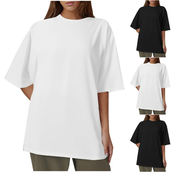 Viluyesy 3/4 Sleeves T-Shirt Women Round Neck Shirt Tops New Relaxed Loose Blouse Black Size L