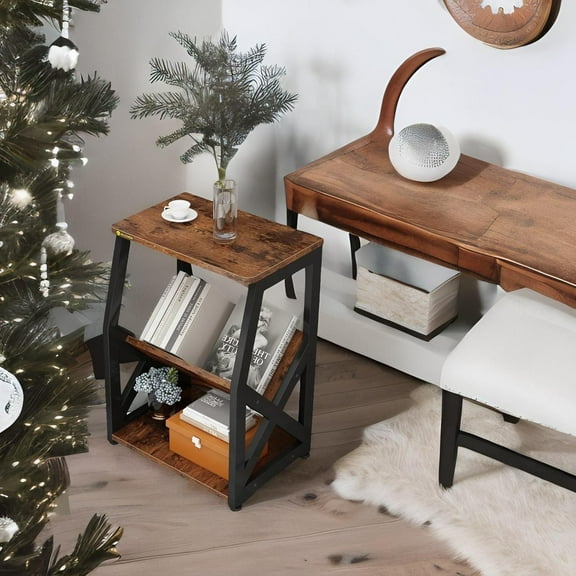 ALISENED Side Table with Magazine Holder, 3 Tier Narrow End Table with Storage Shelf, Industrial Slim Nightstand for Small Spaces, Narrow Small End Tables Living Room
