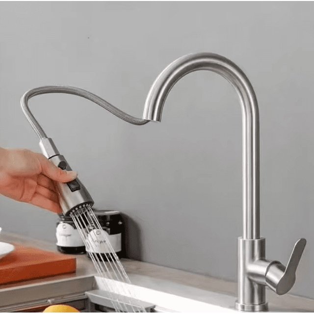 Robinet de Cuisine en Acier Inoxydable à un Seul Trou, Bec Extractible, Robinet d'Évier Pivotant à 360°, Grand Arc, Design Moderne