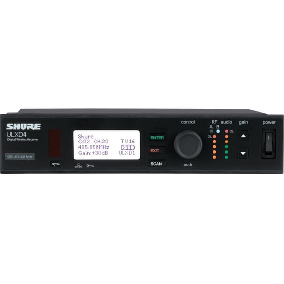Receptor Inalámbrico ULXD4 Digital Audio24 bits 48 kHz Shure Diversity digital con conmutación predictiva, Hasta 72 MHz de banda de sintonización