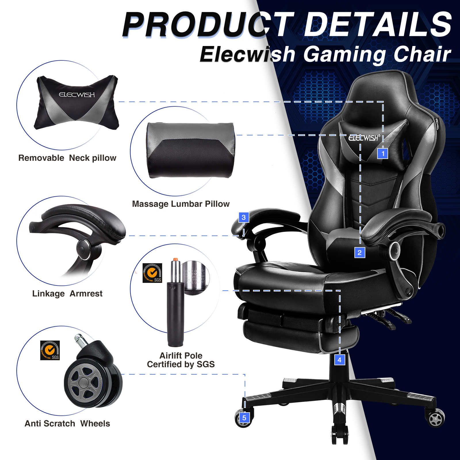 Elecwish Gaming Chair with Thick Foam Padding, Gray / Classic