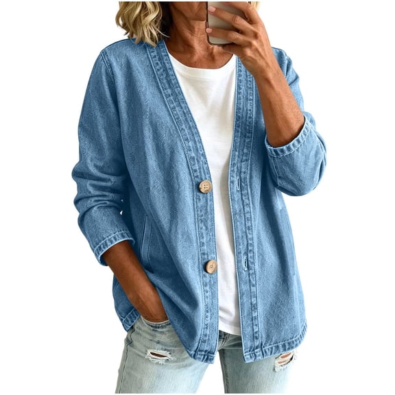 Qingpeng Womens Denim Jacket Denim Cardigan Lightweight Button Down V Neck Trendy Long Sleeve Retro Open Front Tops for Women