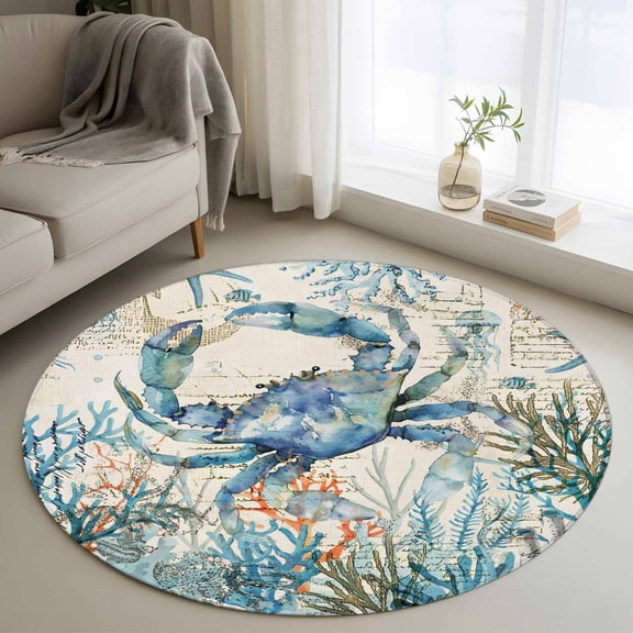 Coastal Crab Round Area Rug 3 FT, Small Kitchen Bathroom Mat, Vintage Summer Beach Coral Ocean Washable Indoor Outdoor Throw Runner Carpet Doormat for Table Shower Sofa Entryway