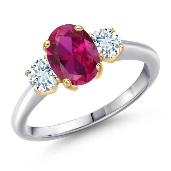 Gem Stone King 10K Two Tone Gold Red Created Ruby and Sky Blue Aquamarine Engagement Ring for Women | 1.85 Cttw | Oval 8X6MM | Gemstone July Birthstone | Size 8