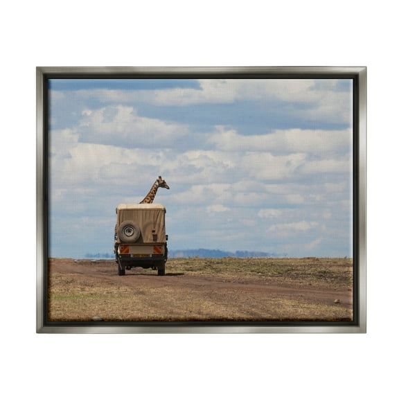 Stupell Industries Giraffe in Safari Vehicle Animals & Insects Photography Gray Floater Framed Canvas Art Print Wall Art, 21 x 17