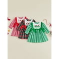 thumbnail image 3 of RUINIXCW Toddler Baby Girl Christmas Dress Outfit Infant Baby Girl Fall Winter Giangham Plaid Dress Clothes Cute Santa Tree Deer Embroidery Long Sleeve Ruffled Dress, 3 of 9
