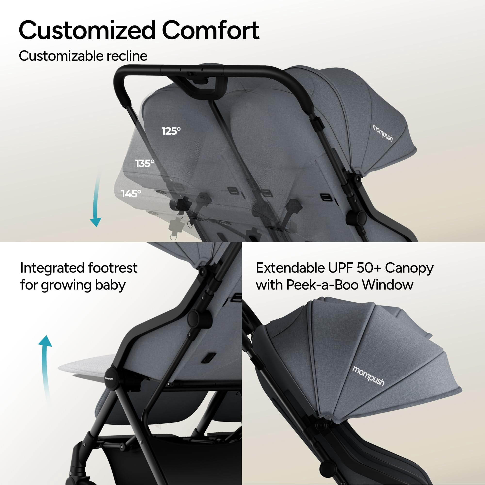 Mompush Lithe Double Stroller with Two Large Individual Side by Side Recline Seat, Gray, 24.5LB, Unisex