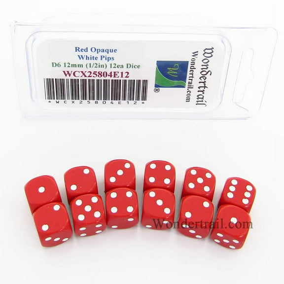 Red Dice with White Pips D6 12mm (1/2in) Pack of 12 Wondertrail